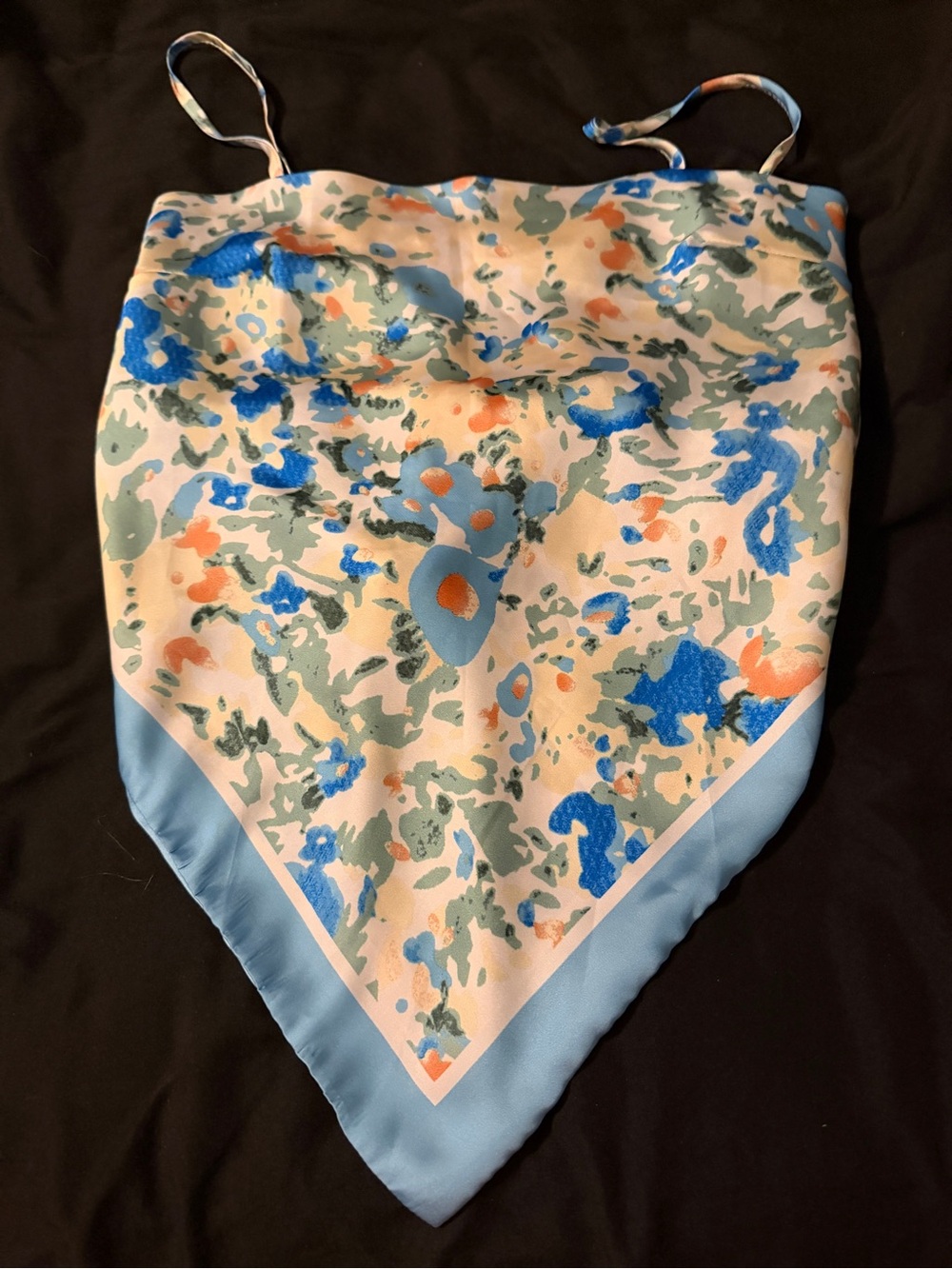 Amazon Blue Peach Green Abstract Print Handkerchief Hem Crop Top